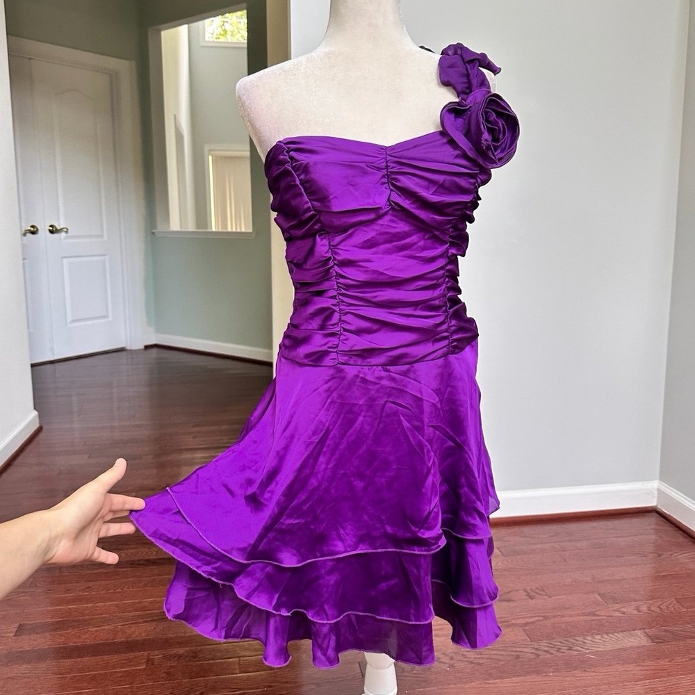 Speechless Purple Ruched One Shoulder Ruffle Rosette Mini Dress Size 11